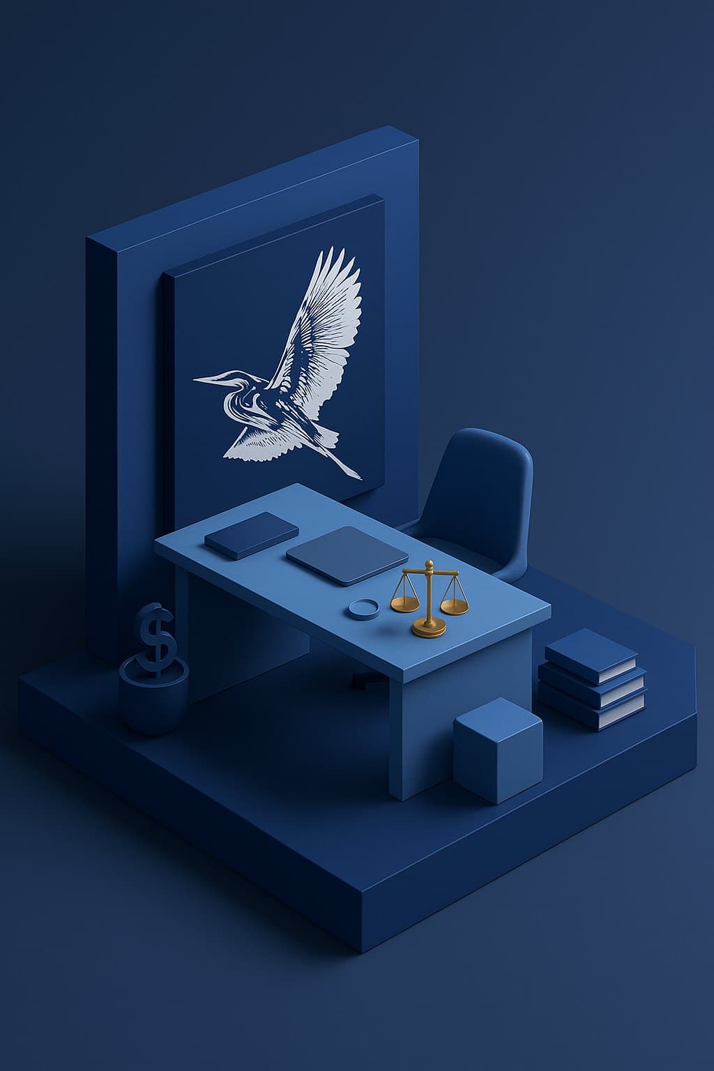 An illustration of a modern legal workspace with the Cleveland & Co heron emblem